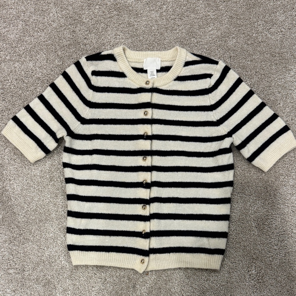 H&M Cream and Black Striped Short-Sleeve Button Cardigan